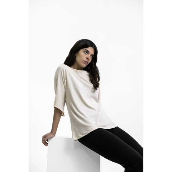 Boat Neck 3/4 sleeve diagonal top sand organic pima cotton blouse