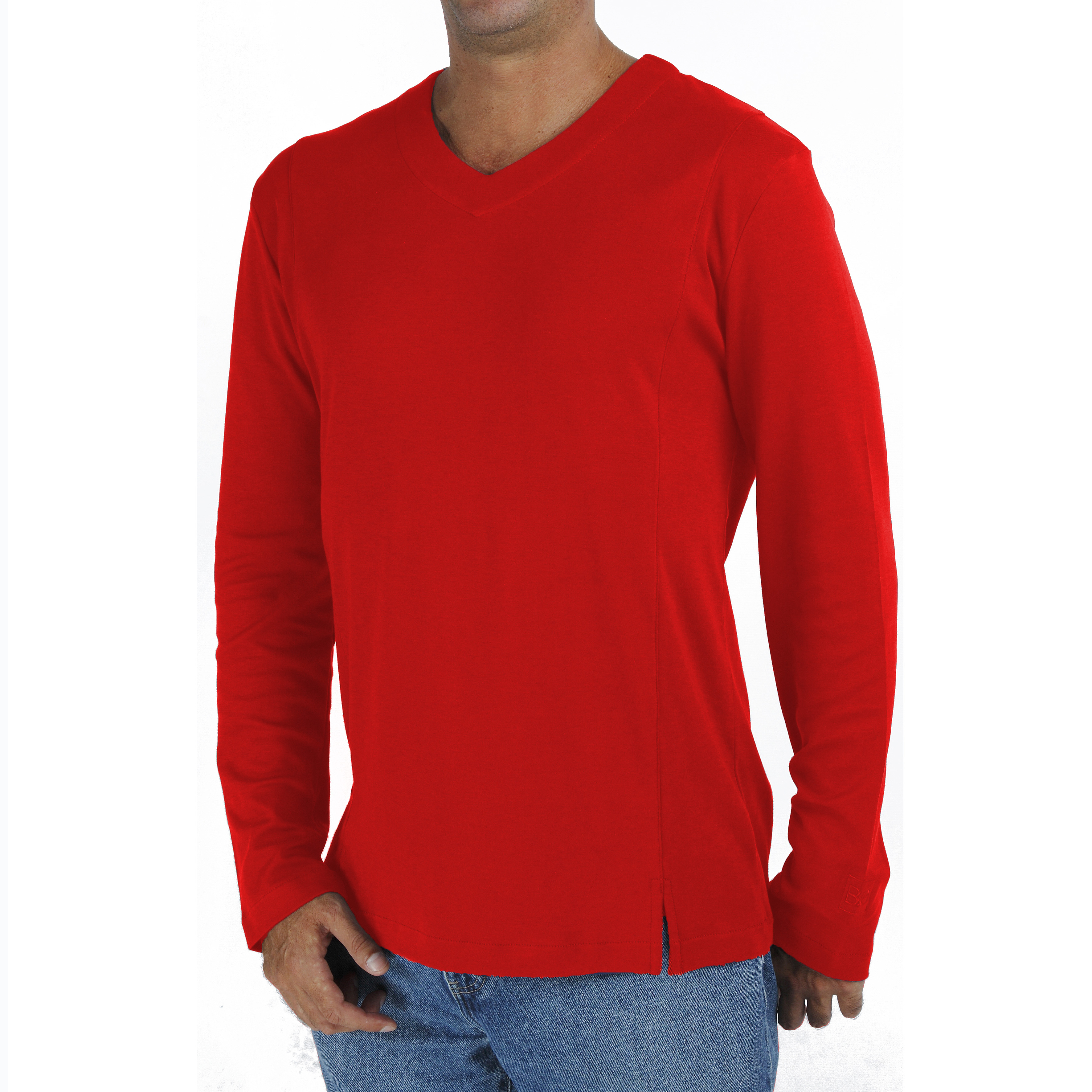 red v neck long sleeve shirt